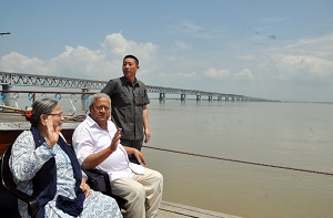 The Governor of Arunachal Pradesh Shri P.B. Acharya and States First Lady Smt Kavita Acharya crossing River Brahmaputra by ferry near Bogibeel Poin, Assam on 4th August 2017.